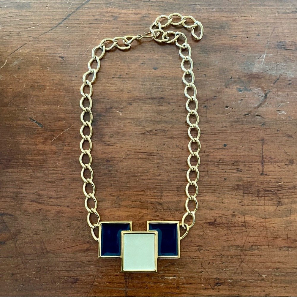 Vintage Monet Geometric Navy Blue & White Enamel Gold Tone Statement Necklace